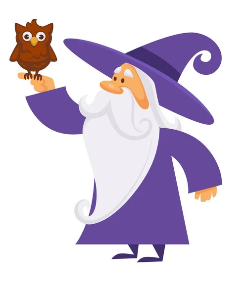 魔法とフクロウを動物ベクトルで孤立したキャラクターを作るウィザード 高齢の魔術師やおとぎ話の魔術師は魔法使いを練習します 野生の森の鳥と男性の魔術 ひげを持つ高齢者 おとぎ話 — ストックベクタ