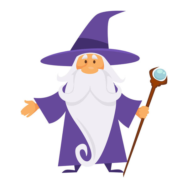 Wizard, old witch man in robe, magician warlock isolated character vector. Magic medieval spelling sorcerer merlin, male witchcraft, hat and mantle. Mystery and magical scepter, elderly with beard