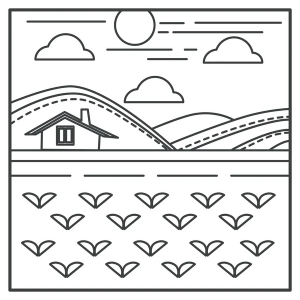 Landscape with wheat field or vegetable garden, village house and hills outline drawing vector. Rural agricultural countryside with building and plants. Crop or harvest and suburban construction