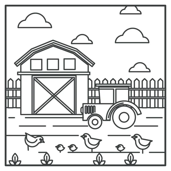 Ferme Agriculture Paysage Rural Avec Ancienne Grange Prairie Tracteur Poulets — Image vectorielle