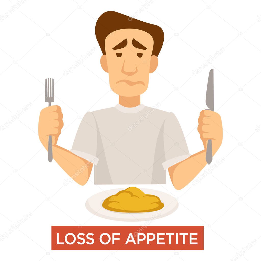 Food rejection, appetite loss, tuberculosis disease symptom vector. Man holding fork and knife, meal in plate, hunger absence. Sick condition, infection or virus, male character refuse eating