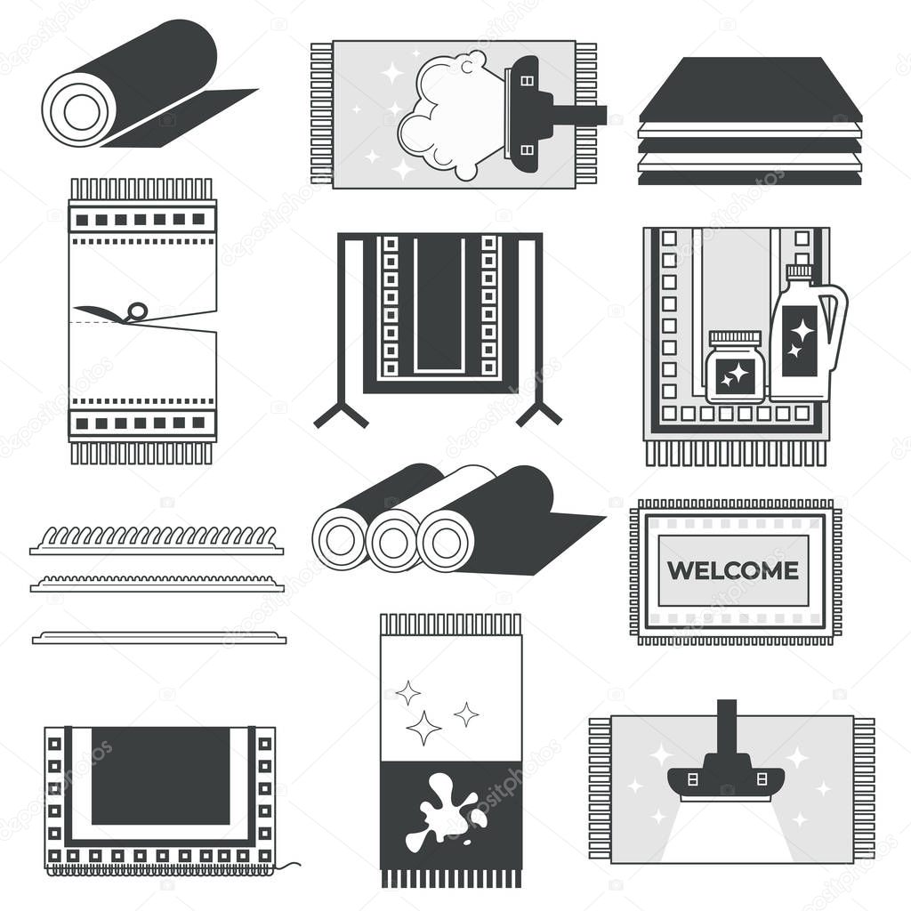 Carpets cleaning, vacuum cleaner and detergents, isolated icons vector. Cleaners company, rug or doormat washing and dusting, pile and rolls. Steaming, home flooring and housekeeping service