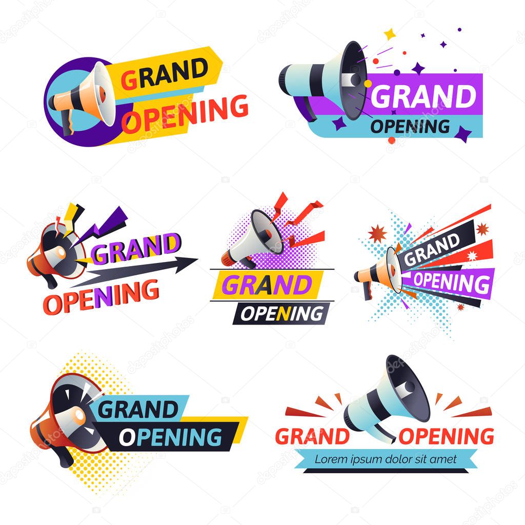 Start or beginning ceremony, grand opening isolated icon vector. Event celebration and congratulation, megaphone and confetti. Loudspeaker or bullhorn, cutting ribbon ritual, promotion and advertising