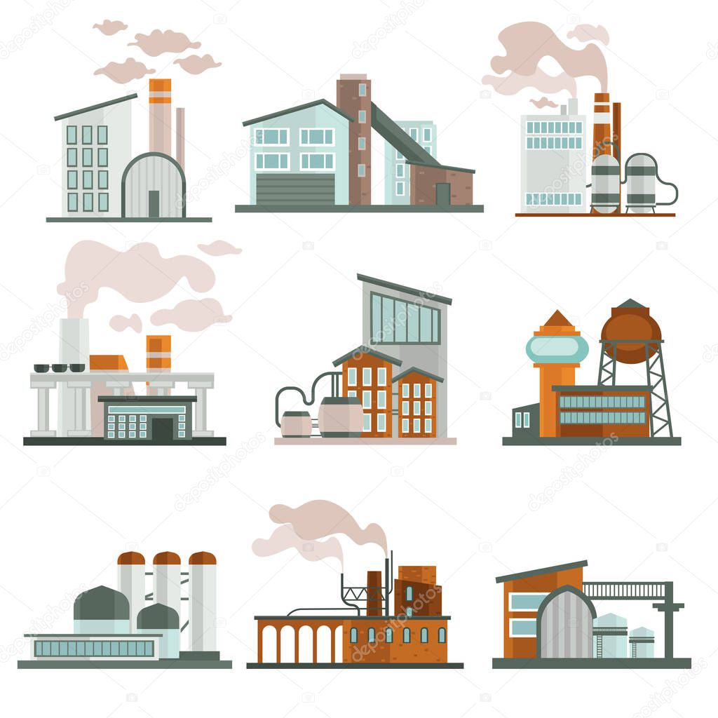 Factories isolated, nuclear power plant and industrial zone constructions vector. Urban manufacturing stations and warehouse, pipes and chimneys. Smoke and evaporation, environment contamination