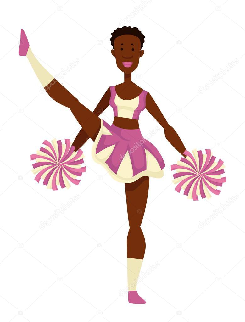 Cheerleader african girl with pompoms in uniform with gaiters isolated female character vector. Split and stretching, cheering up sport team. Dancing and showing tricks, football or basketball game