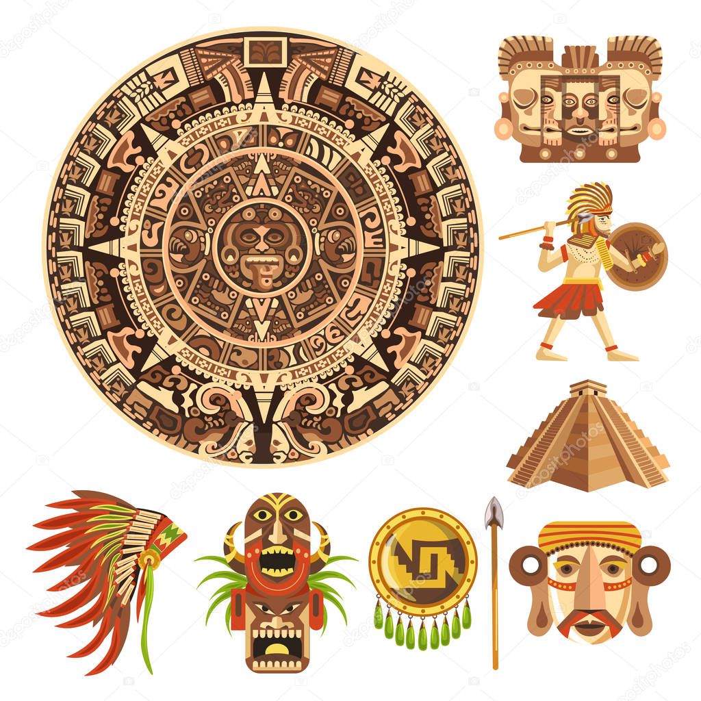 Maya calendar, Mayan or Aztec culture, Mexican history, isolated icons vector. Ancient religion, tribal sun stone and pyramid. Face sculptures and masks, warrior and feather hat, shield and spear