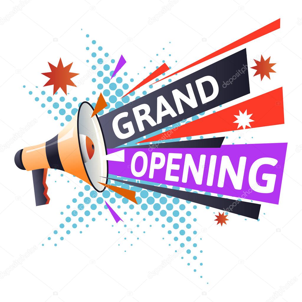 Grand opening flyer, marketing business, megaphone or bullhorn, announcement vector. Advertising, start or beginning ceremony, loudspeaker. Event celebration, promo action, store or shop, boutique
