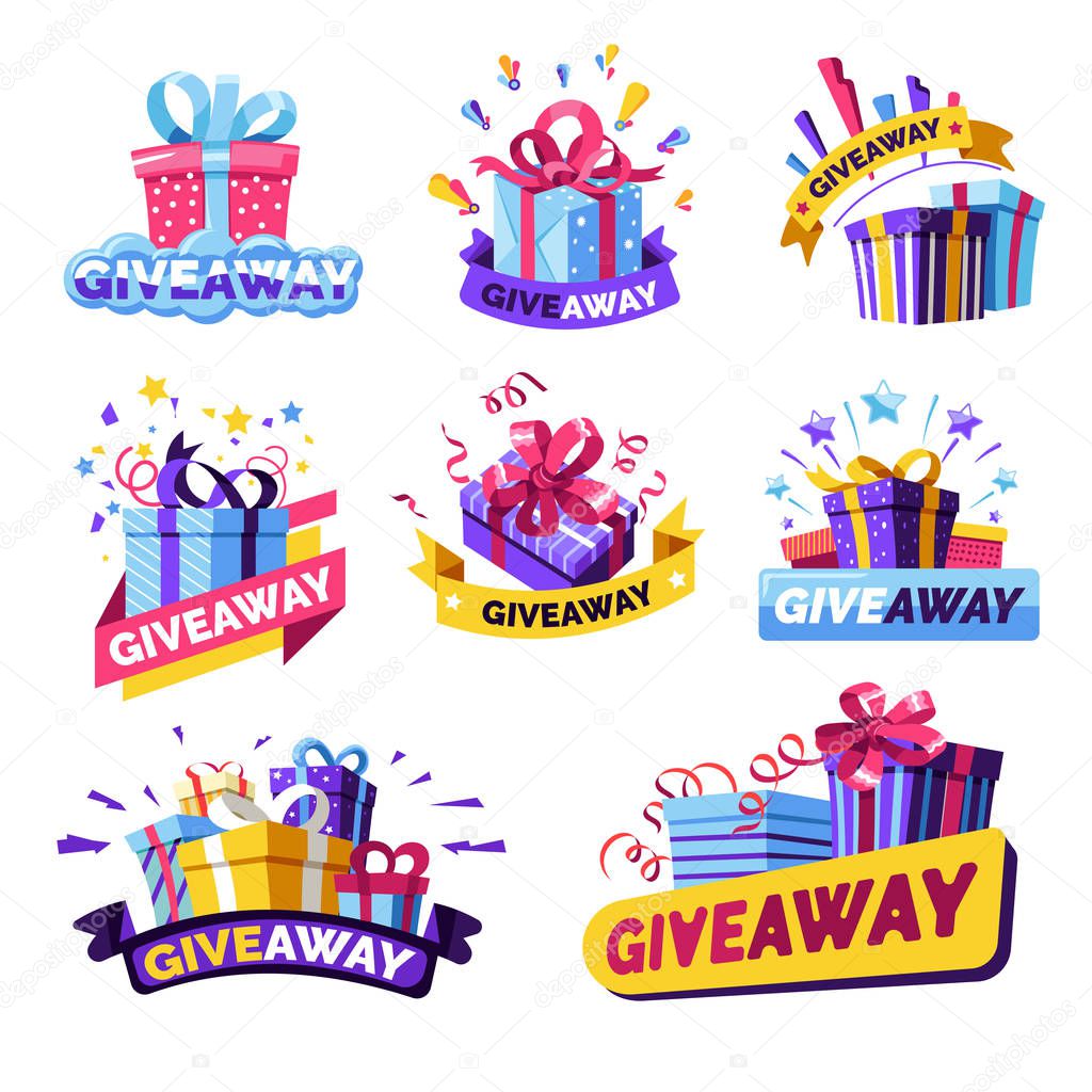 Gift boxes, birthday and christmas giveaways or promotion, contests prize isolated icons vector. Marketing strategies, social network advertizing. Giving presents for like or repost, business account