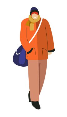 Çantaile kışlık kıyafetli adam, örme şapkalı yürüyen adam