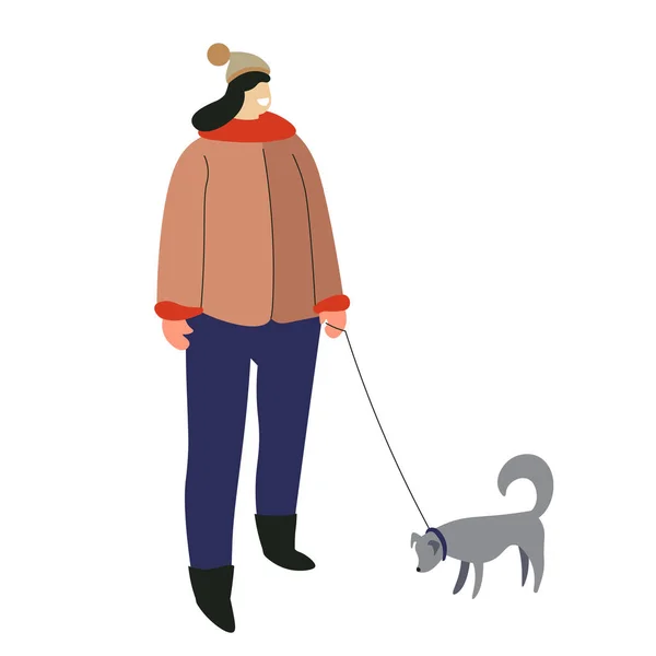 Winter outdoor activity, woman with dog on leash, isolated character — Stock Vector