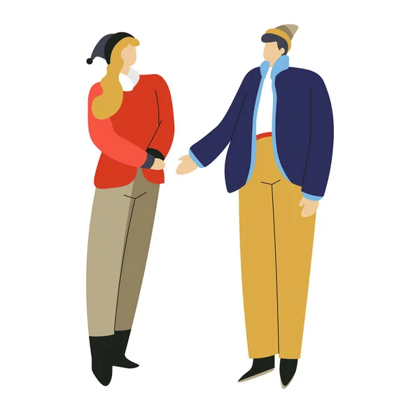 Mann und Frau in Winterkleidung, Paar im warmen Outfit — Stockvektor