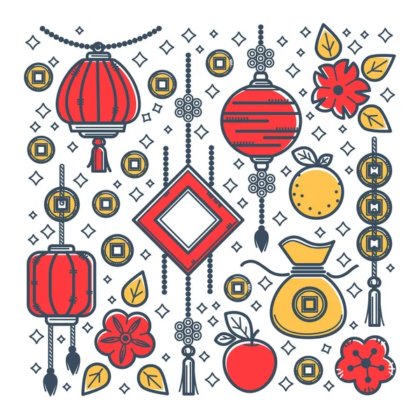 Східна культура, китайський новий рік символи, удачі і багатства — стоковий вектор