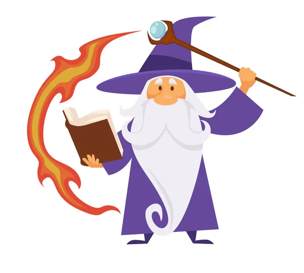 魔法工艺，巫师与杖和火焰痕迹，魔法咒语书 — 图库矢量图片