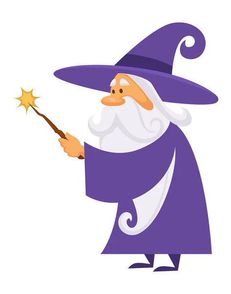 Magician or wizard with magic wand, warlock man or sorcerer — Stock Vector