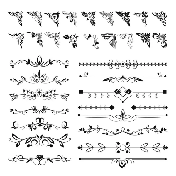 Angles de cadre ou lignes de séparation de texte, éléments de motifs floraux — Image vectorielle