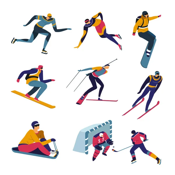 Esqui e snowboard, esportes de inverno, patinação e hóquei, personagens isolados — Vetor de Stock