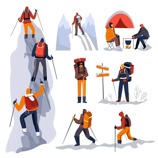 Trekking oder Wandern im Winter, Bergsteiger und Schneefall, Zelten — Stockvektor