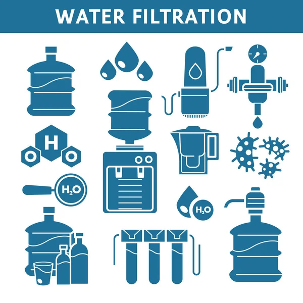 Sistema de purificación y filtración de agua iconos aislados, limpieza de líquidos — Vector de stock