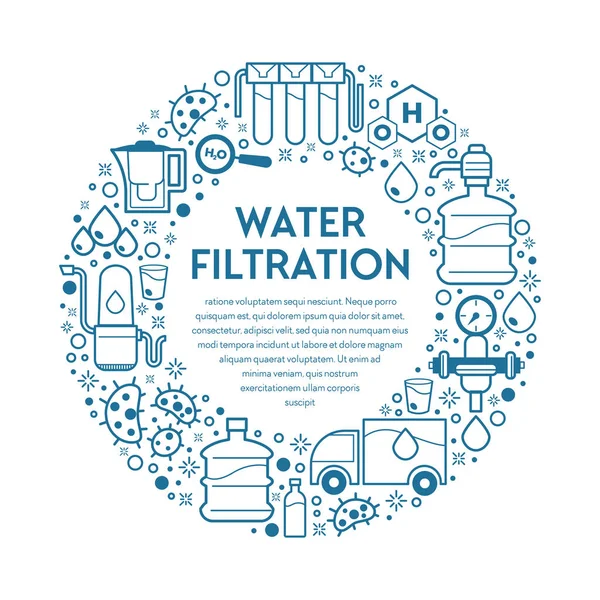 Filtrar agua limpia, filtración de bebidas minerales, filtros — Vector de stock