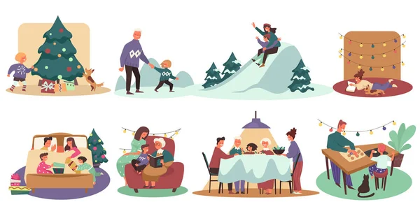 Χριστουγεννιάτικες διακοπές, χειμώνας και οικογένεια, παίζοντας σε εξωτερικούς χώρους και γιορτάζοντας — Διανυσματικό Αρχείο