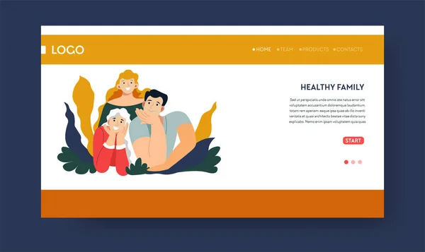 Sağlıklı aile açılış web sayfası şablonu, sağlık sigortası — Stok Vektör