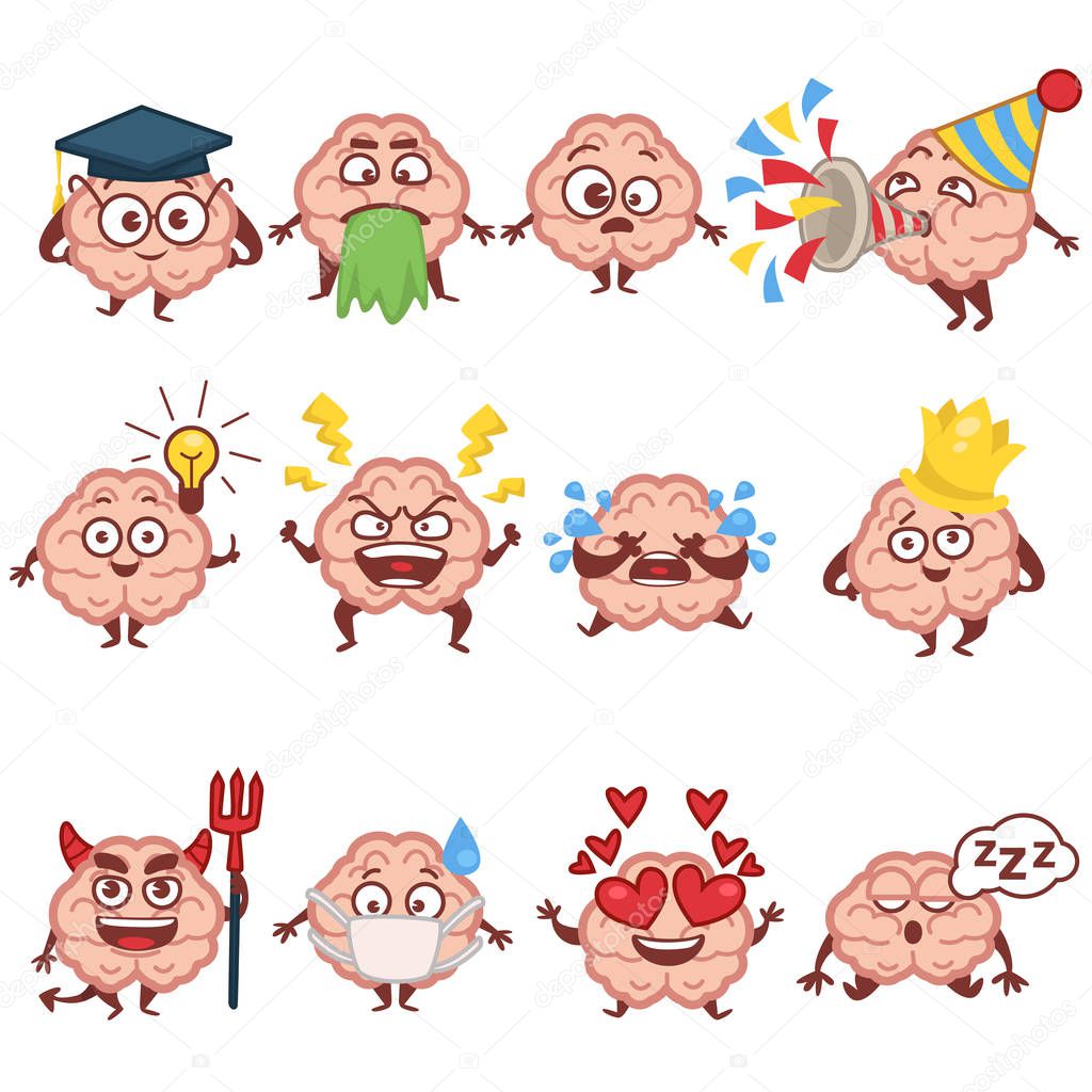 Emoji of human brain, faces and emotions, brainy character isolated icons