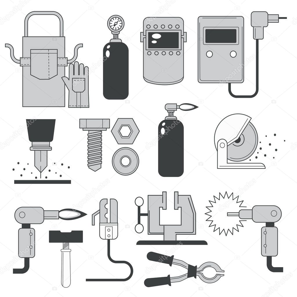 Welding and sawing toolkit icons, building and repair tools vector. Rotating circular saw blade and weld machine, pliers and gas cylinders, protective wear. Construction works equipment and items