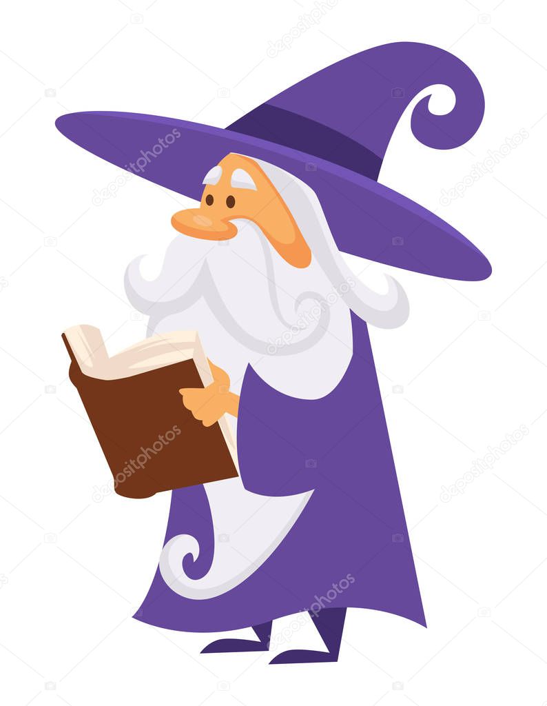 Magician or wizard with book of spell or charm, isolated character
