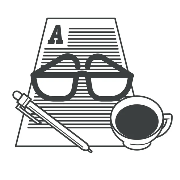 Scrittura e narrazione, strumenti di lavoro dello scrittore, carta e tazza di caffè — Vettoriale Stock