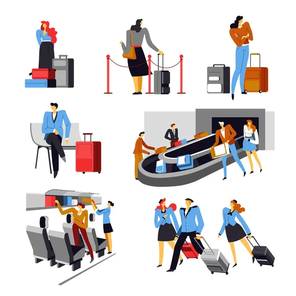 Personas en el aeropuerto con bolsas, conjunto de tripulación de avión — Archivo Imágenes Vectoriales