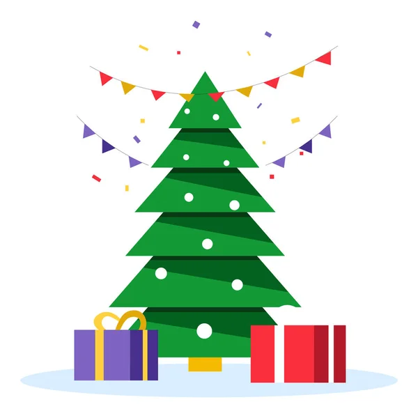 Weihnachtsbaum und Weihnachtsgeschenke, Geschenkschachteln unter Tanne — Stockvektor
