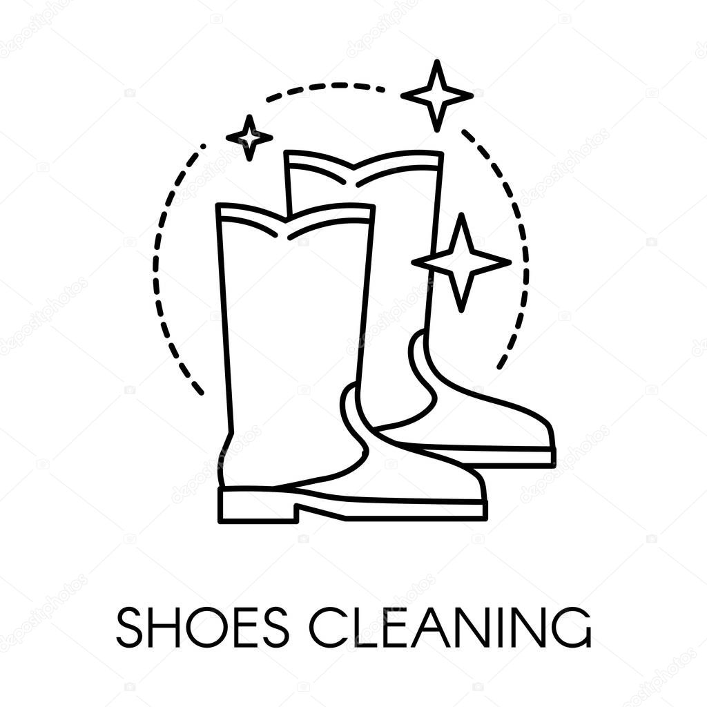 Shoes cleaning and care for boots vector, isolated logotype or colorless icon with sparkles and glowing. Polishing and waxing of footwear. Maintenance of clothes, flat style line illustration