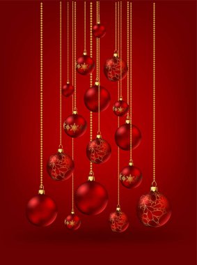 Kırmızı arkaplanda noel toplarından yapılmış Noel Ağacı.