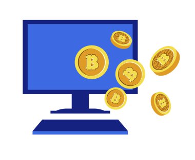 Çevrimiçi madencilik, bitcoin ağı, bilgisayar monitörü, izole edilmiş simge