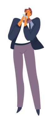 Soğuk ya da grip, elinde mendille hapşıran adam, soyutlanmış karakter.