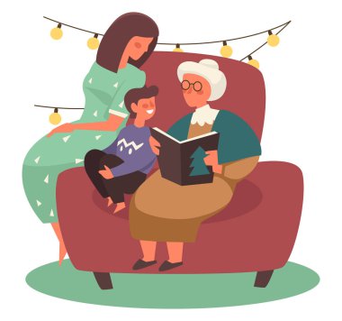 Anne ve oğlu büyükannesinin Noel masalları okumasını dinliyor.