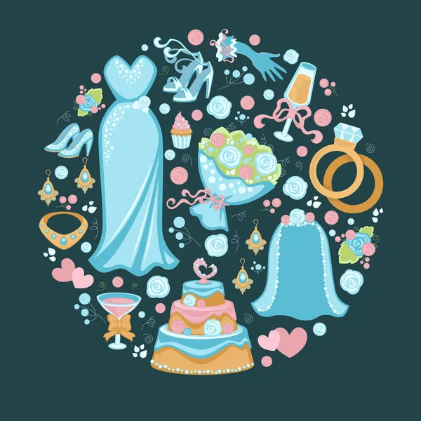 Símbolos de boda, vestido y velo de novia, pastel y anillos — Vector de stock