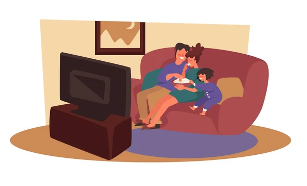 Oglądanie rodziny TV na kanapie z popcornem, pokój dzienny — Wektor stockowy