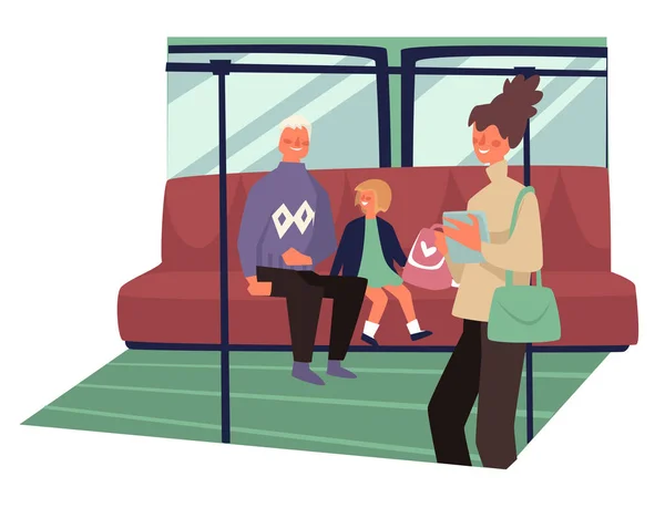 Transporte público interior, pasajeros de metro, tren subterráneo — Vector de stock