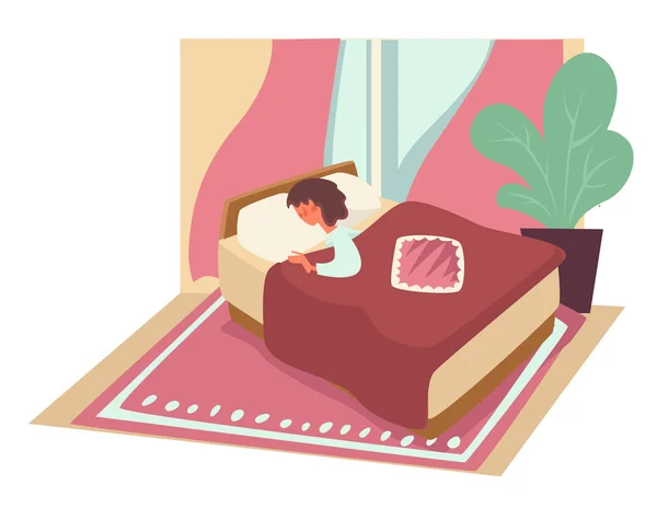 Спальний, жінка в ліжку під ковдрою на подушці, спальня — стоковий вектор