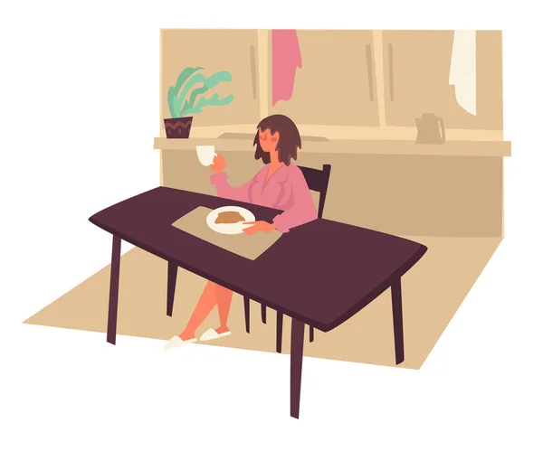 Mujer desayunando por la mañana en la cocina y tomar café — Archivo Imágenes Vectoriales