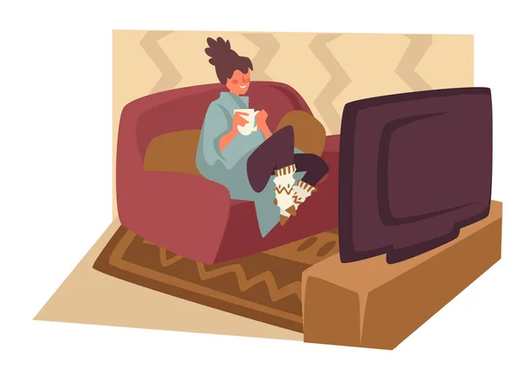 Chica viendo la televisión y tumbado en el sofá con té y cacao — Vector de stock