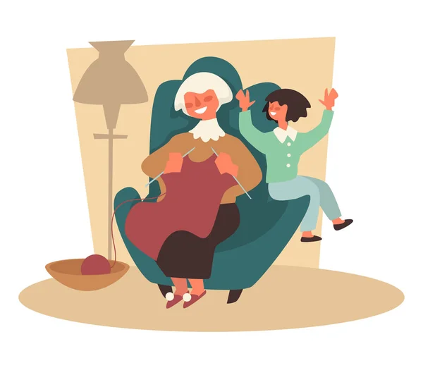 Barnbarn och mormor stickning i fåtölj, mormor och barn, familj — Stock vektor