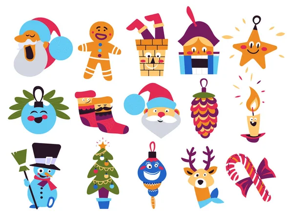 Weihnachtsmann und Schneemann, Rentier und Weihnachtsbaum, Weihnachtssymbole — Stockvektor
