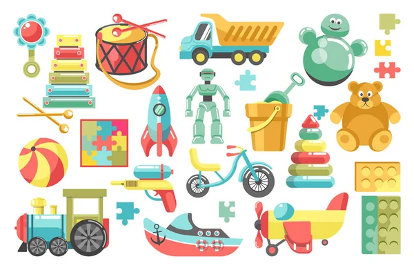 Детские игрушки из детского сада, медведя и пирамиды, поезда и грузовики — стоковый вектор