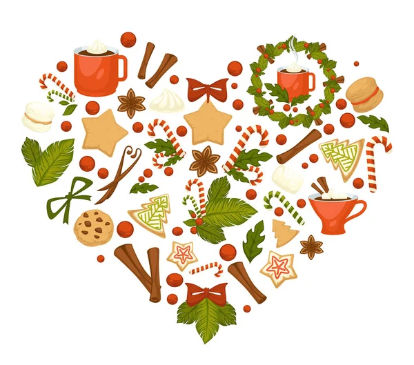 Kakao ve çay, Noel kurabiyeleri ve şekerler, kış bayramı sembolleri. — Stok Vektör