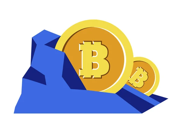 Bitcoins minería, criptomoneda en roca, dinero digital, icono aislado — Vector de stock