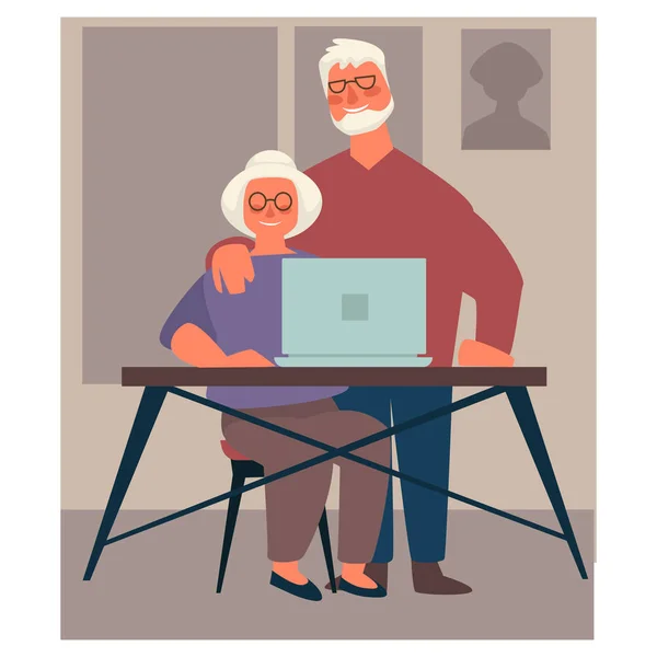 Kakek-nenek menggunakan laptop, pasangan tua berselancar di internet - Stok Vektor