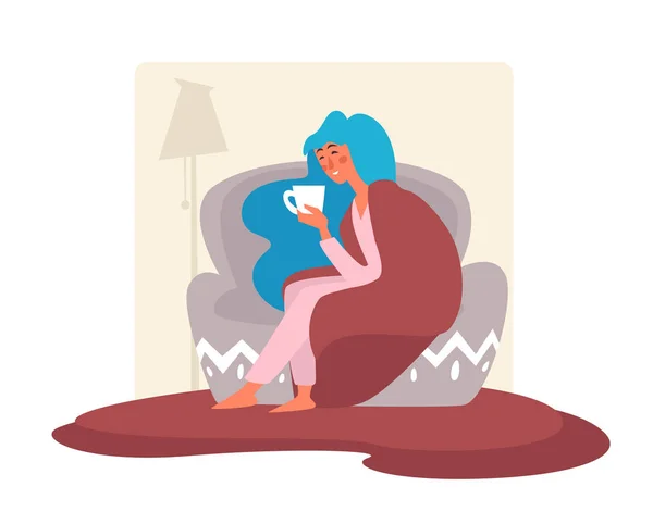 Woman in armchair with coffee or tea cup in living room — Stock Vector