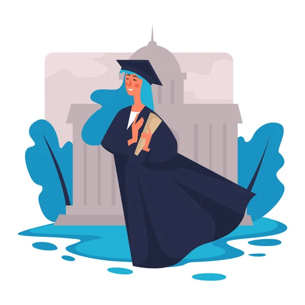 Graduación, chica en sombrero académico y manto con diploma, estudiante universitario — Archivo Imágenes Vectoriales